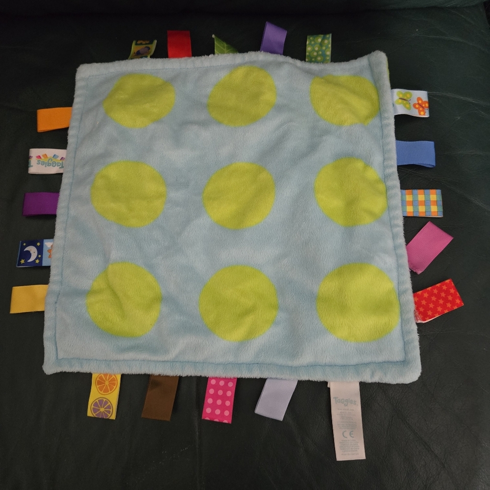 Taggies Green Blue Yellow Polka Dot Velour Lovey Baby Security Blanket Plush 12"